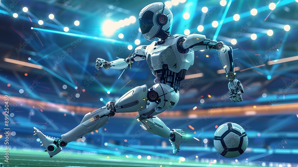 Robot Soccer Player Kicking Ball: A futuristic robot in mid-kick, sending a soccer ball flying across a high-tech stadium.
Robot Soccer Player Kicking Ball: A futuristic robot in mid-kick, sending a soccer ball flying across a high-tech stadium.