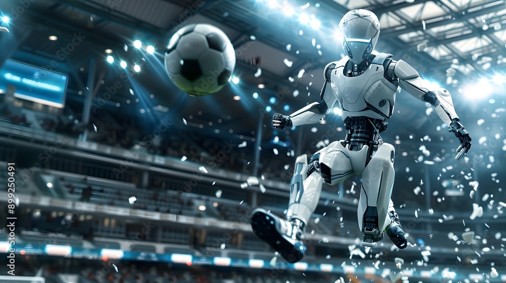 Robot Soccer Player Kicking Ball: A futuristic robot in mid-kick, sending a soccer ball flying across a high-tech stadium.
Robot Soccer Player Kicking Ball: A futuristic robot in mid-kick, sending a soccer ball flying across a high-tech stadium.