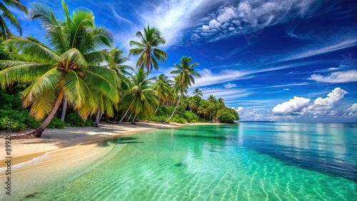 Fototapeta Naklejka Na Ścianę i Meble -  Tropical beach wallpaper with crystal clear turquoise waters, white sandy beach, and lush green palm trees, tropical, beach