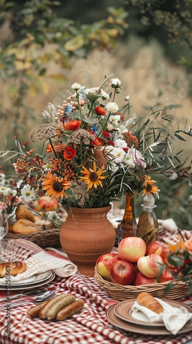 Wallpaper Mural A table with a vase of flowers and a basket of apples Torontodigital.ca