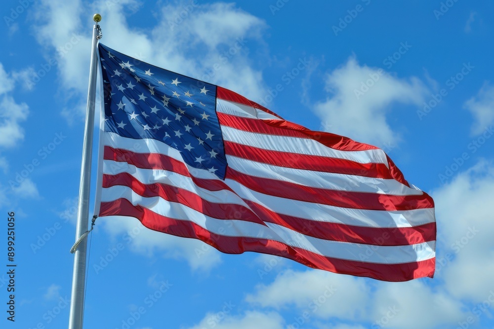 Fototapeta premium An American flag waves against a blue sky with fluffy clouds, symbolizing freedom and national pride under the open sky.