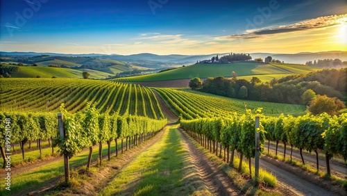 Beautiful vineyard in the countryside overlooking rolling hills and a clear blue sky, vineyard, countryside, hills, agriculture