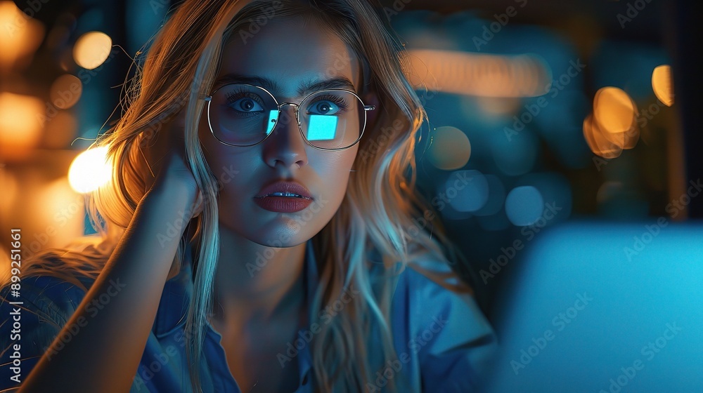 Late Night Focus: A young woman, illuminated by the glow of her laptop, concentrates intently on her work in the heart of the night. Late Night Focus: A young woman, illuminated by the glow of her laptop, concentrates intently on her work in the heart of the night.