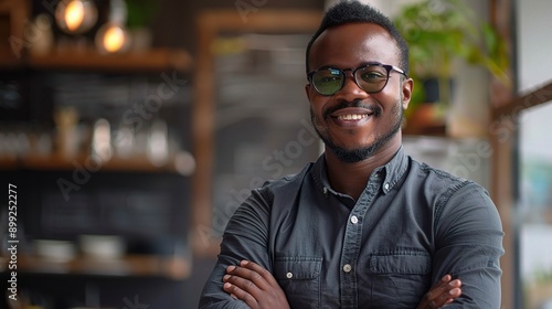 Confident and Content: A portrait of a successful young black businessman, exuding confidence and a positive outlook, captured in a relaxed yet professional setting. 