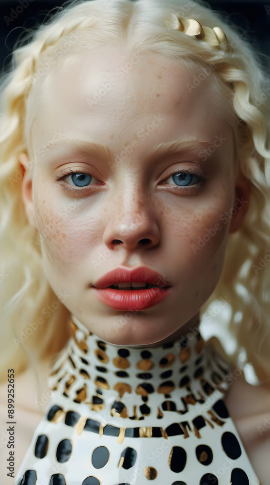 Portrait of beautiful African American female albino model, white Afro, fashion and lifestyle, diversity, people background
