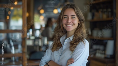 Confident Coffee Shop Owner: A young woman with a warm smile and arms crossed stands confidently in her coffee shop, conveying a sense of ownership and entrepreneurial spirit. 