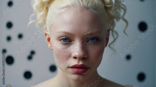 Obraz na płótnie Portrait of beautiful African American female albino model, white Afro, fashion and lifestyle, diversity, people background w salonie