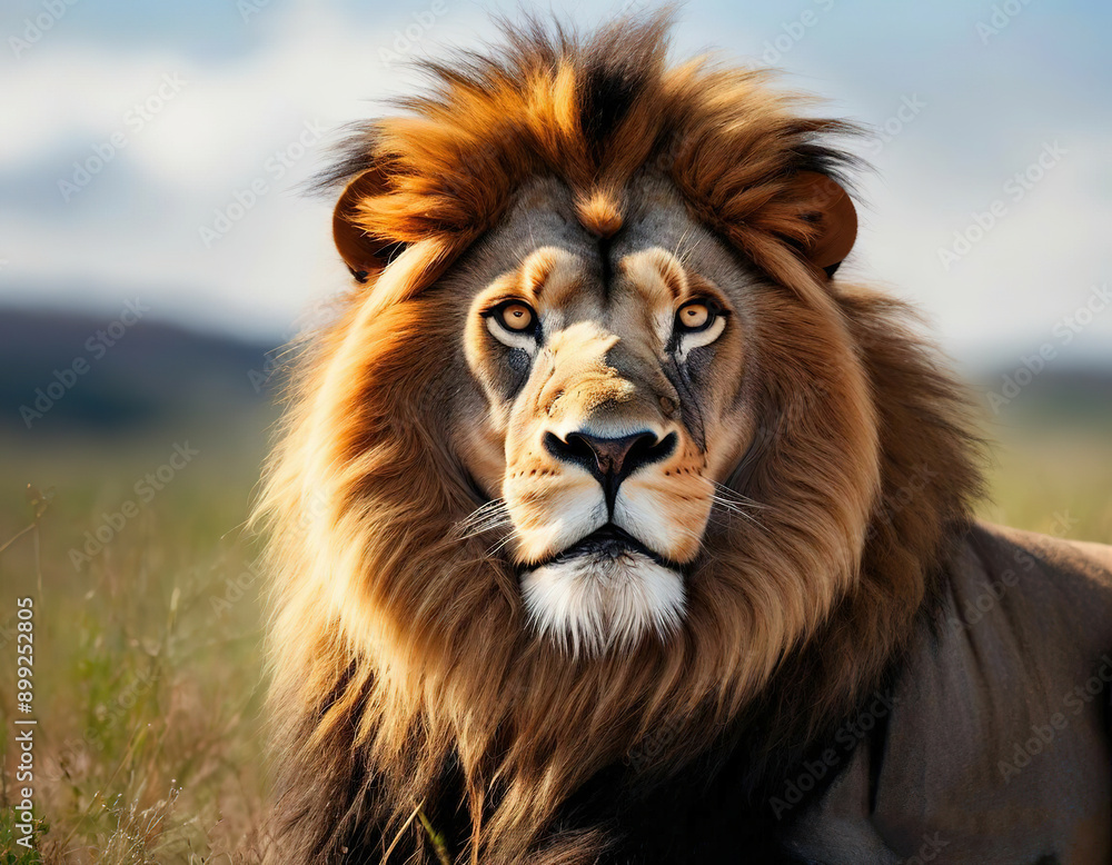 Fototapeta premium lion in the wild. looks at the camera.