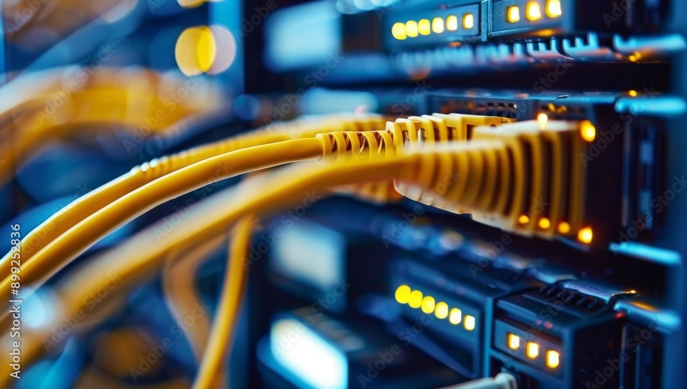 Naklejka premium Yellow network cables connected to server boxes in an office. Information Technology Computer Network, Telecommunication Ethernet Cables Connected to Internet Switch In Data Center