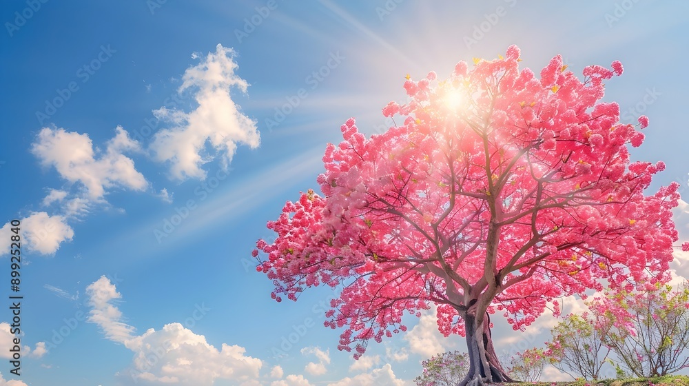 Stunning photograph of a blooming cherry blossom tree with vibrant pink flowers in full bloom against a clear bright blue sky The serene Stunning photograph of a blooming cherry blossom tree with vibrant pink flowers in full bloom against a clear bright blue sky The serene