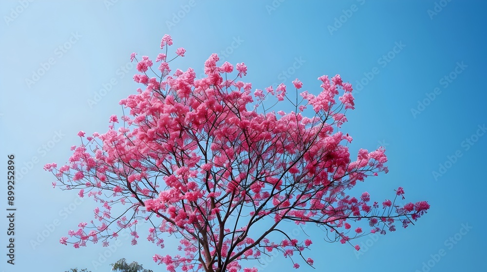 A photograph showcasing a blooming cherry blossom tree with an abundance of bright pink flowers against a clear blue sky captured with a DSLR A photograph showcasing a blooming cherry blossom tree with an abundance of bright pink flowers against a clear blue sky captured with a DSLR