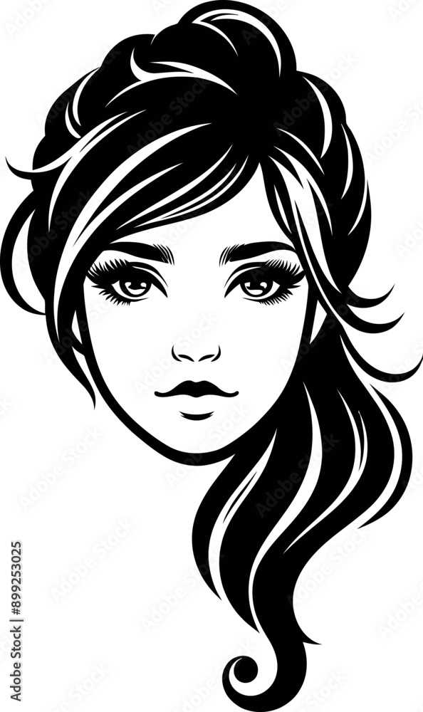 Girl's or woman's face with beautiful hair Black and white silhouette Girl's or woman's face with beautiful hair Black and white silhouette