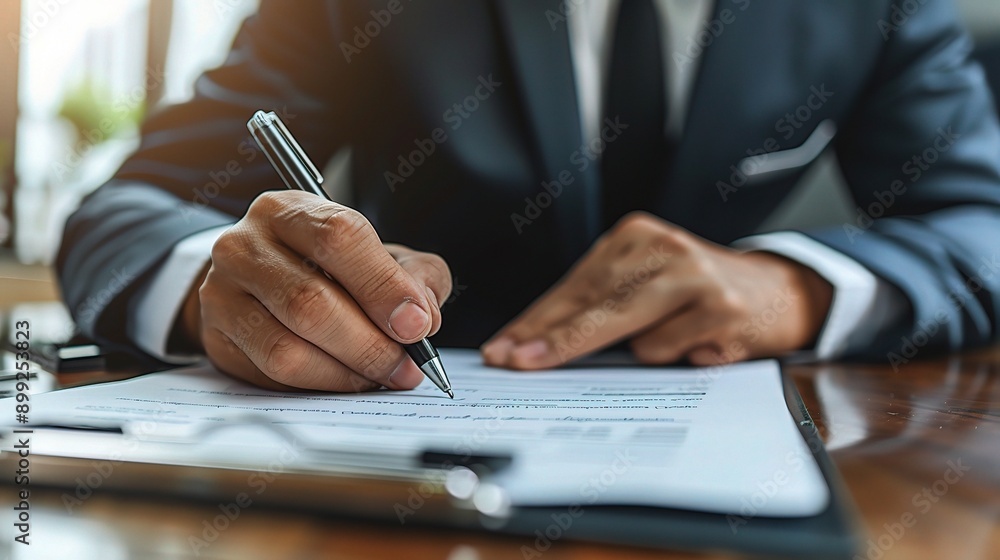 The Weight of the Signature: A businessman in a crisp suit carefully signs a contract, his focused expression highlighting the gravity of the commitment. The Weight of the Signature: A businessman in a crisp suit carefully signs a contract, his focused expression highlighting the gravity of the commitment.