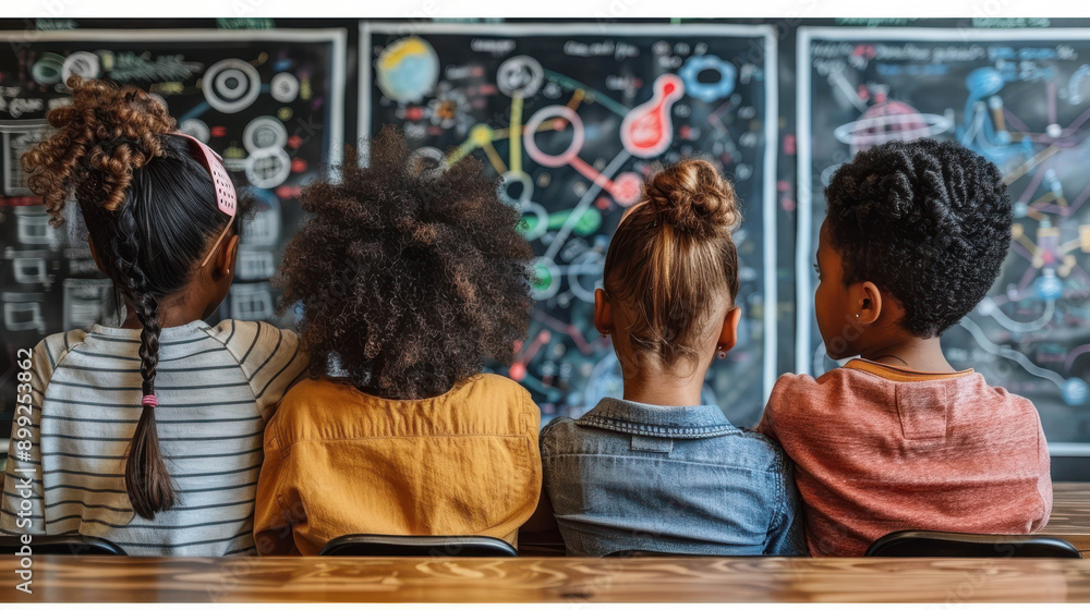 Fototapeta premium Four children of diverse backgrounds sit together, facing a chalkboard filled with colorful educational drawings, fostering collaboration and learning.