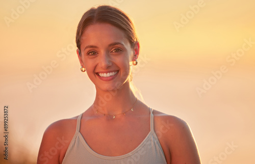 Wallpaper Mural Sunset, portrait and woman with smile for fitness, workout and ready for outdoor exercise with confidence. Female person, wellness and health for girl, training and wellbeing with pride for self care Torontodigital.ca