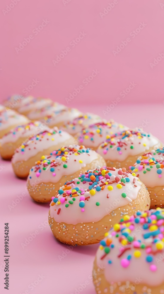 Row of Glazed Donuts with Sprinkles on Pink Background Row of Glazed Donuts with Sprinkles on Pink Background
