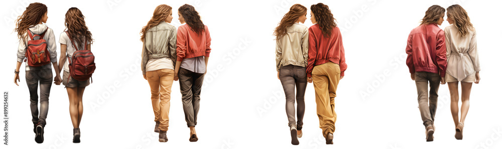 Group Of Friends Walking Together Outdoors From The Back White Background, PNG Group Of Friends Walking Together Outdoors From The Back White Background, PNG