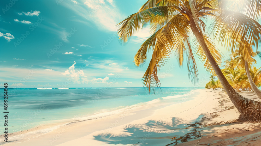 Obraz premium Beautiful tropical beach and sea with coconut palm tree on blue sky in Maldives island - Boost up color Processing 