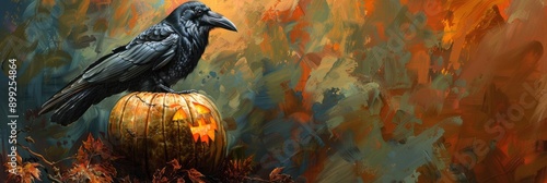 An oil painting of a spectral raven perched on a glowing pumpkin photo