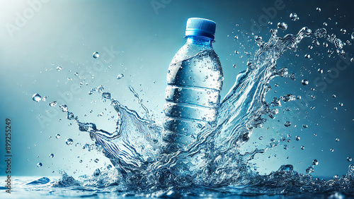 water bottle with splashes on a blue background