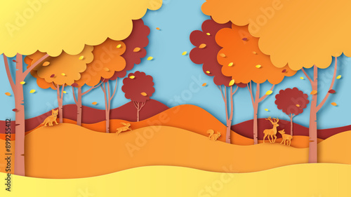 Natural landscape of Autumn forest with wild animals. Autumn landscape. paper cut and craft style. vector, illustration.