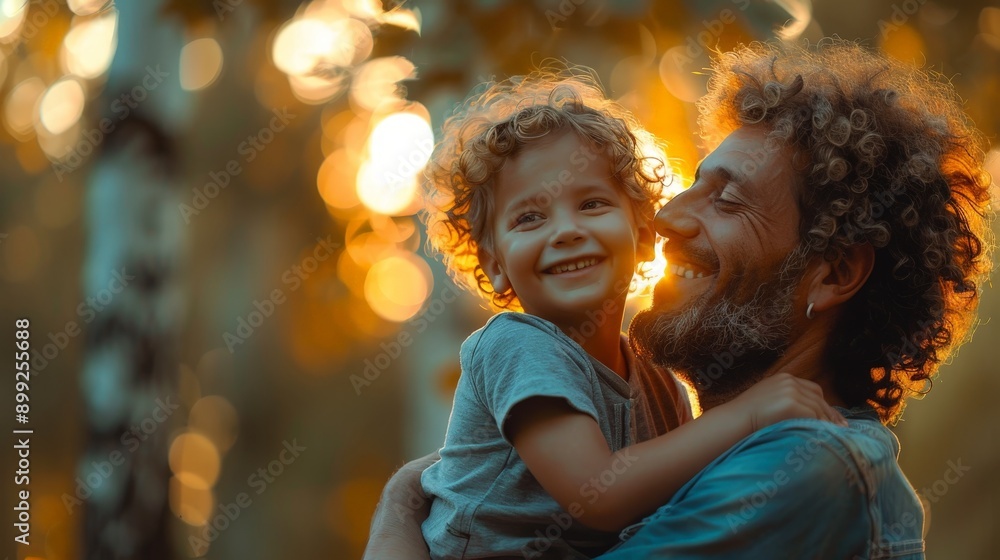 Genuine Father-Son Bonding: Happy Faces Playing Together in Nature Genuine Father-Son Bonding: Happy Faces Playing Together in Nature