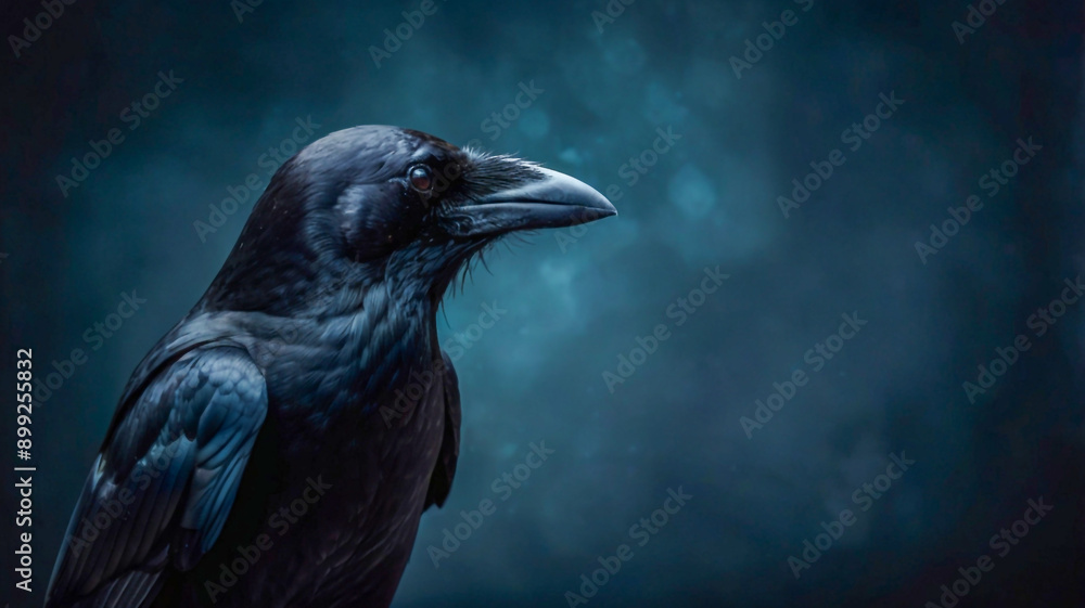 Obraz premium Crow against a Dark Background Blue Green Black Bird