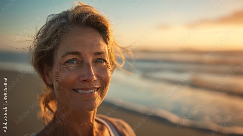 Portrait of a Smiling Woman with Windblown Hair on a Beach at Sunset Portrait of a Smiling Woman with Windblown Hair on a Beach at Sunset