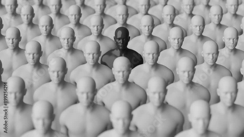 Standing Out in Crowd of Identical Figures. Unique and Individual. Black and White. 4K Video