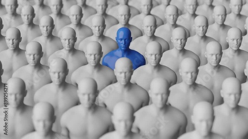 Standing Out in Crowd of Identical Figures. Unique and Individual. Blue and White. 4K Video