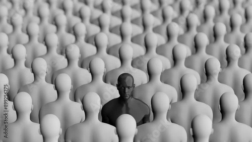 Standing Out in Crowd of Identical Figures. Unique and Individual. Black and White. 4K Video
