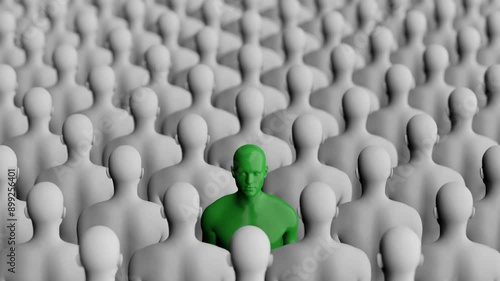 Standing Out in Crowd of Identical Figures. Unique and Individual. Green and White. 4K Video