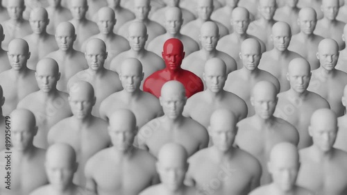 Standing Out in Crowd of Identical Figures. Unique and Individual. Red and White. 4K Video