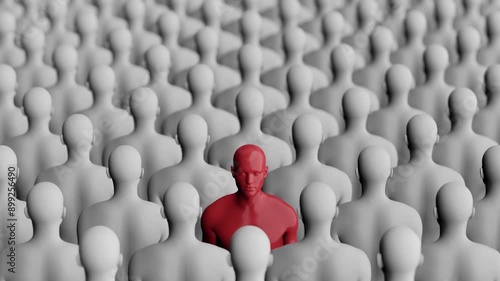 Standing Out in Crowd of Identical Figures. Unique and Individual. Red and White. 4K Video