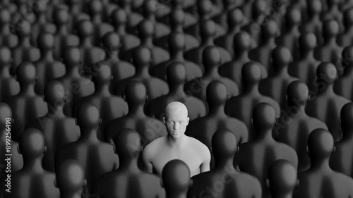 Standing Out in Crowd of Identical Figures. Unique and Individual. Black and White. 4K Video