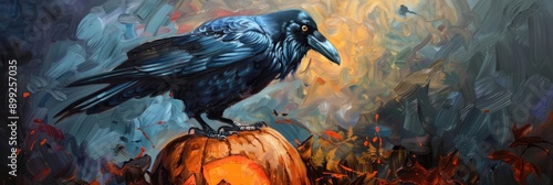 An oil painting of a spectral raven perched on a glowing pumpkin photo