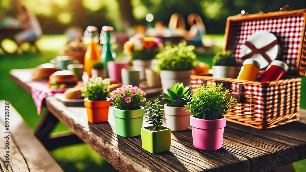 collection of small potted plants in colorful containers on a picnic table in a park collection of small potted plants in colorful containers on a picnic table in a park