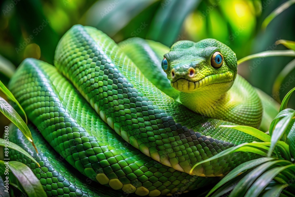 Obraz premium A green snake is curled up on a leafy green plant