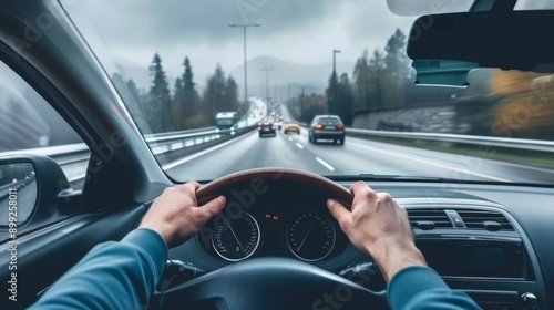 The driver point-of-view perspective from a driving car on a highway asphalt, captures the sense of motion and travel