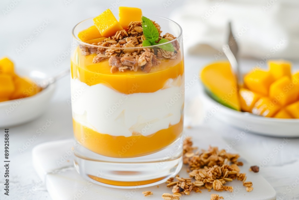 Mango Yogurt Parfait with Granola and Fresh Mint on White Table Mango Yogurt Parfait with Granola and Fresh Mint on White Table