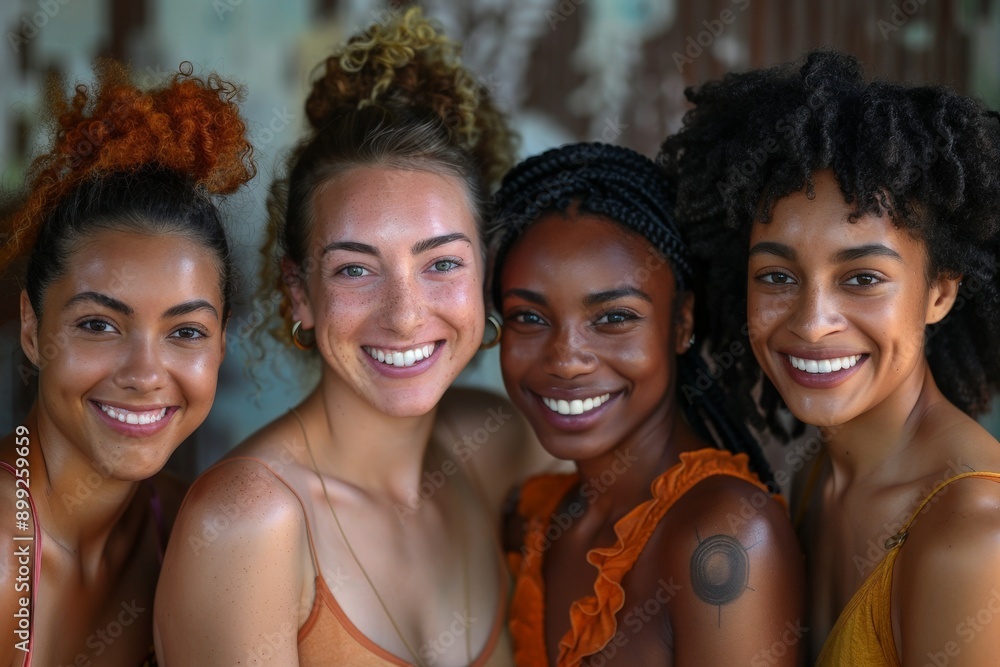 Fototapeta premium Unity in Diversity - Multiracial Group Embracing Inclusivity and Joy in Colorful Modern Portrait