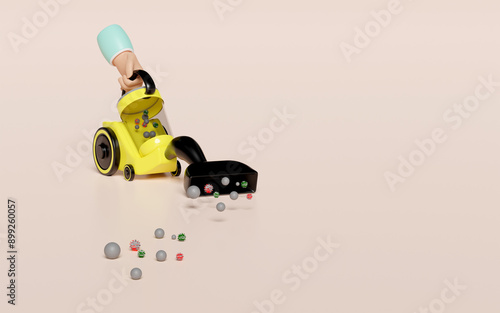 3d hand holding electrical vacuum cleaner for sucking up dirt isolated on pink background. 3d illustration render photo