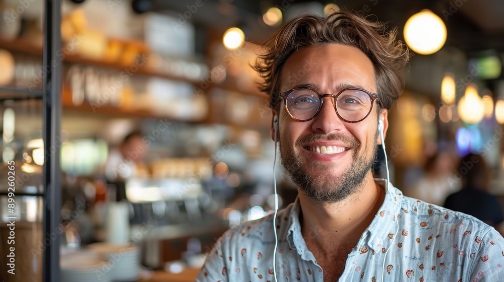 Cafe Vibes and Contentment: A bearded man with glasses smiles brightly, enjoying music and the cafe atmosphere. Cafe Vibes and Contentment: A bearded man with glasses smiles brightly, enjoying music and the cafe atmosphere.
