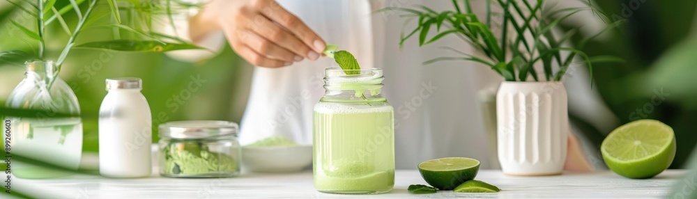 Closeup of a green smoothie in a glass jar with a lime slice and fresh herbs Closeup of a green smoothie in a glass jar with a lime slice and fresh herbs