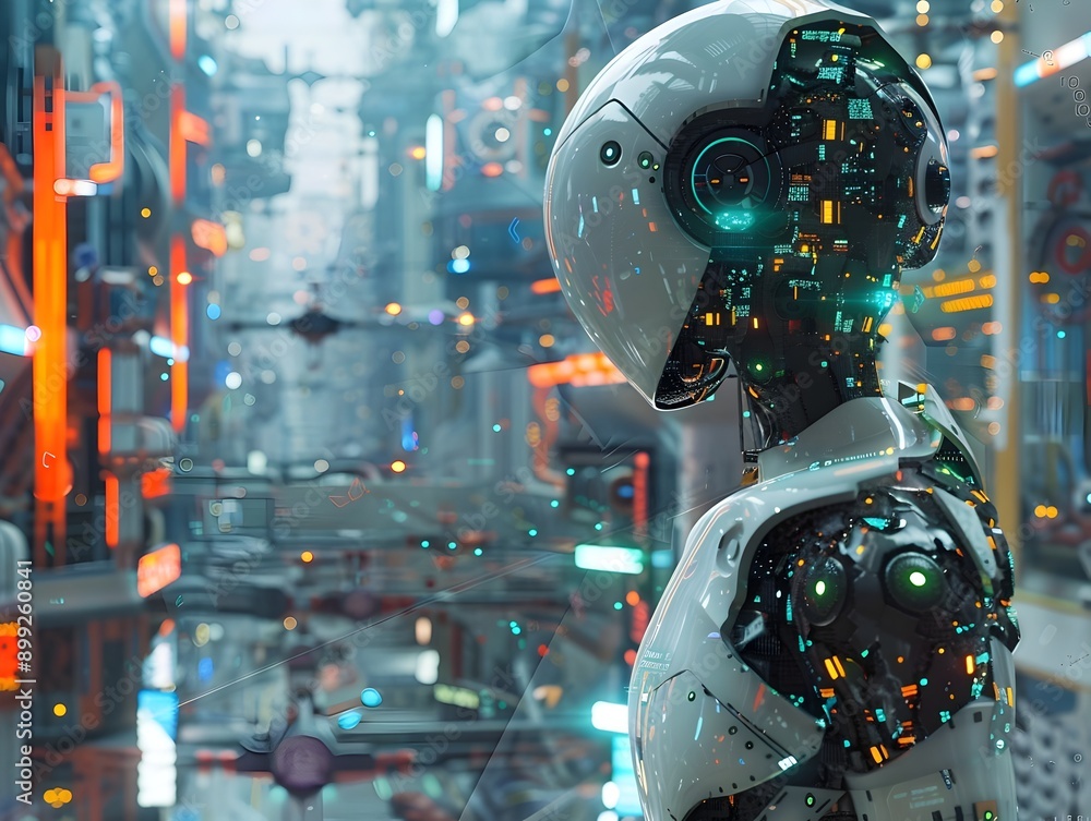 Fototapeta premium Futuristic intelligence robot or cyborg in a neon lit high tech cityscape Advanced machine with glowing circuits and a metallic reflective surface stands amidst a visionary 