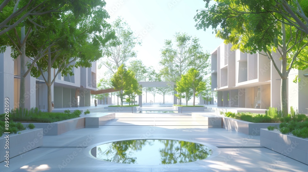 Naklejka premium Modern Architecture Courtyard with Water Feature