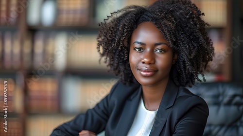 Confident Attorney in Law Library: A portrait of a young, Black female lawyer exudes confidence and professionalism in a traditional law library setting. 