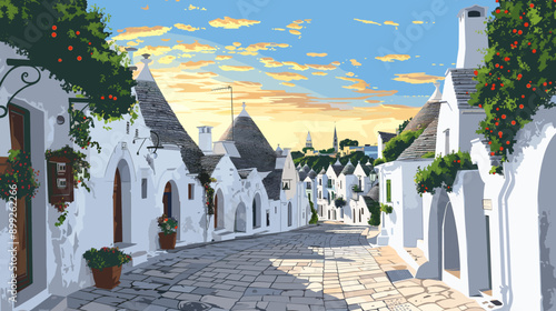 vector illustration, alberobello, tourist destination in Italy Famous must-see picturesque travel destination in Puglia, Italy. Typical houses in the village, town of Alberobello in the south of Italy