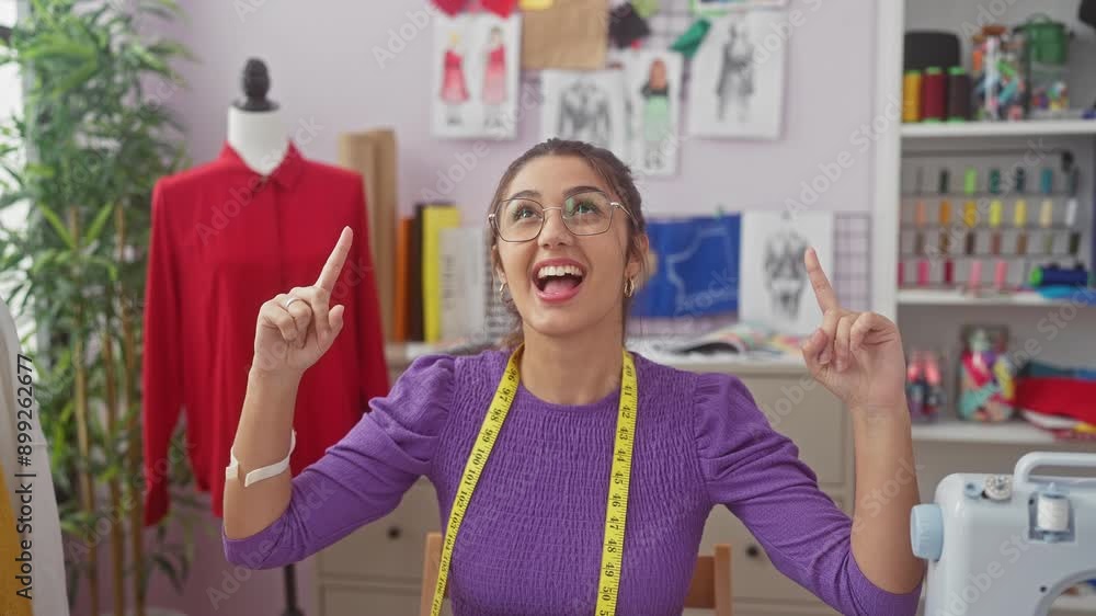 Joyful young hispanic dressmaker, pointing up in surprise, sits smiling at a table in her vibrant atelier, showcasing a truly popular design. beaming with happiness, her cheerful gesture adds charm. Joyful young hispanic dressmaker, pointing up in surprise, sits smiling at a table in her vibrant atelier, showcasing a truly popular design. beaming with happiness, her cheerful gesture adds charm.