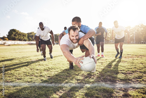 Tableau sur toile Rugby, man and diving with ball for touchdown or win score with a try, tackle and competitive sports or game